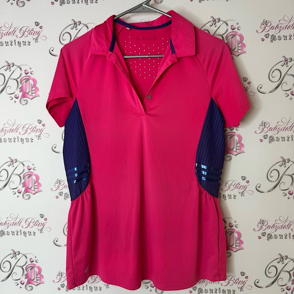 Adidas climachill top ruffle hem Women's Pink and purple Button up Polo Shirt